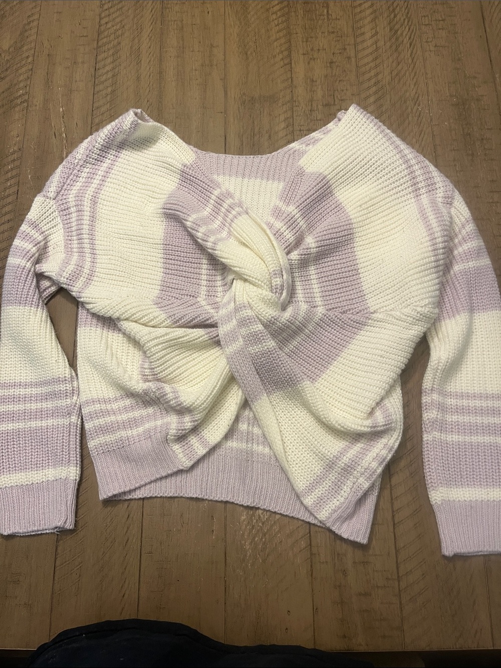 Off-the-Shoulder Twist Knit Sweater in Lavender and Cream